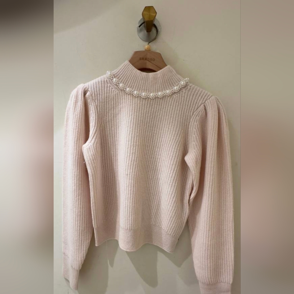 Sandro Lisa Ecru‎ Wool And Cashmere Pearl-Embellished Pink Sweater Size 1